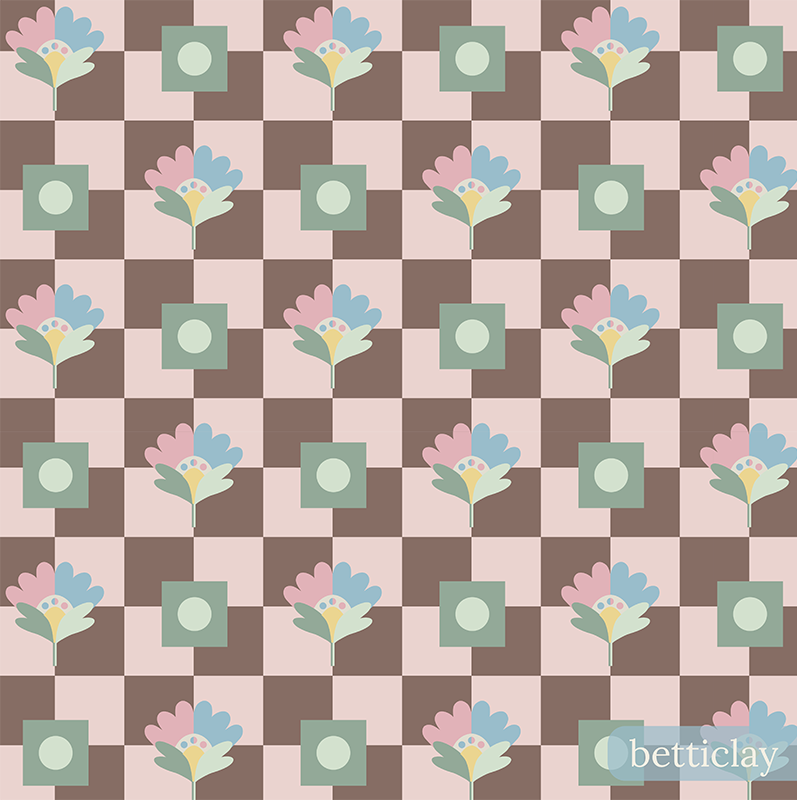 betticlay surface pattern design: seamless floral pattern: Grandma's Kitchen collection, Chocolate Frosting colorway.