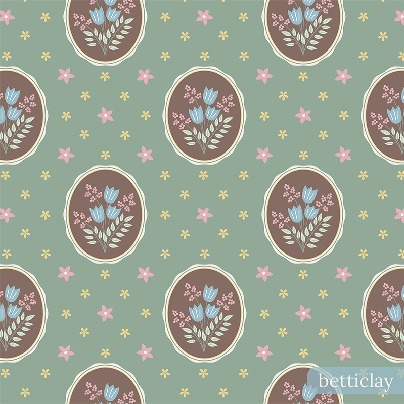 betticlay surface pattern design: seamless floral pattern: Grandma's Kitchen collection, Chocolate Frosting colorway.