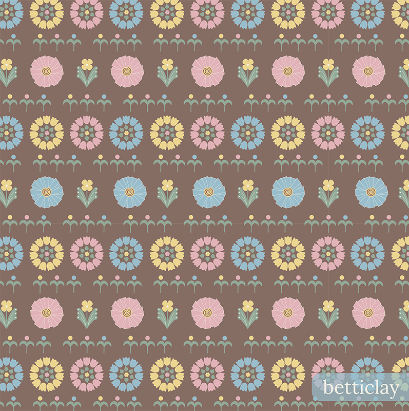 betticlay surface pattern design: seamless floral pattern: Grandma's Kitchen collection, Chocolate Frosting colorway.