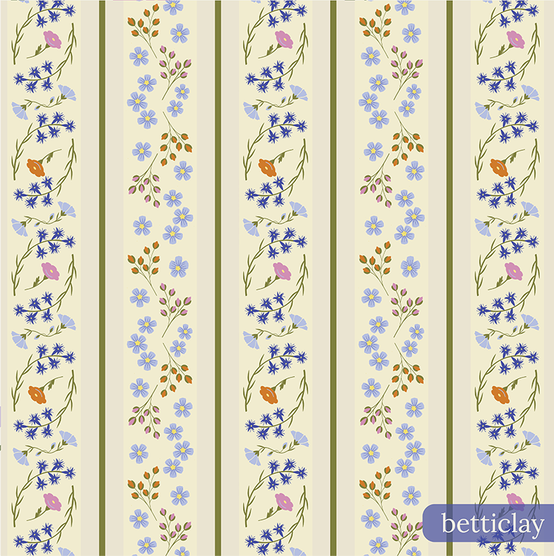betticlay surface pattern design: seamless floral pattern: Prairie Bouquet collection, In the Summer colorway.